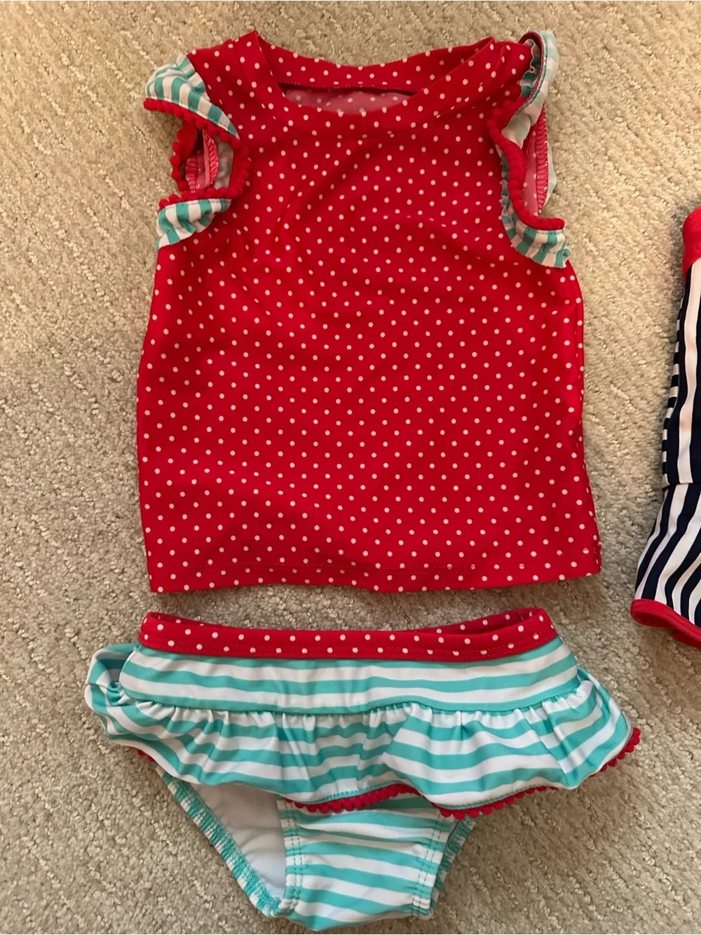 Kids Red Polka Dot Tankini & Navy Stripe Swimsuit Set